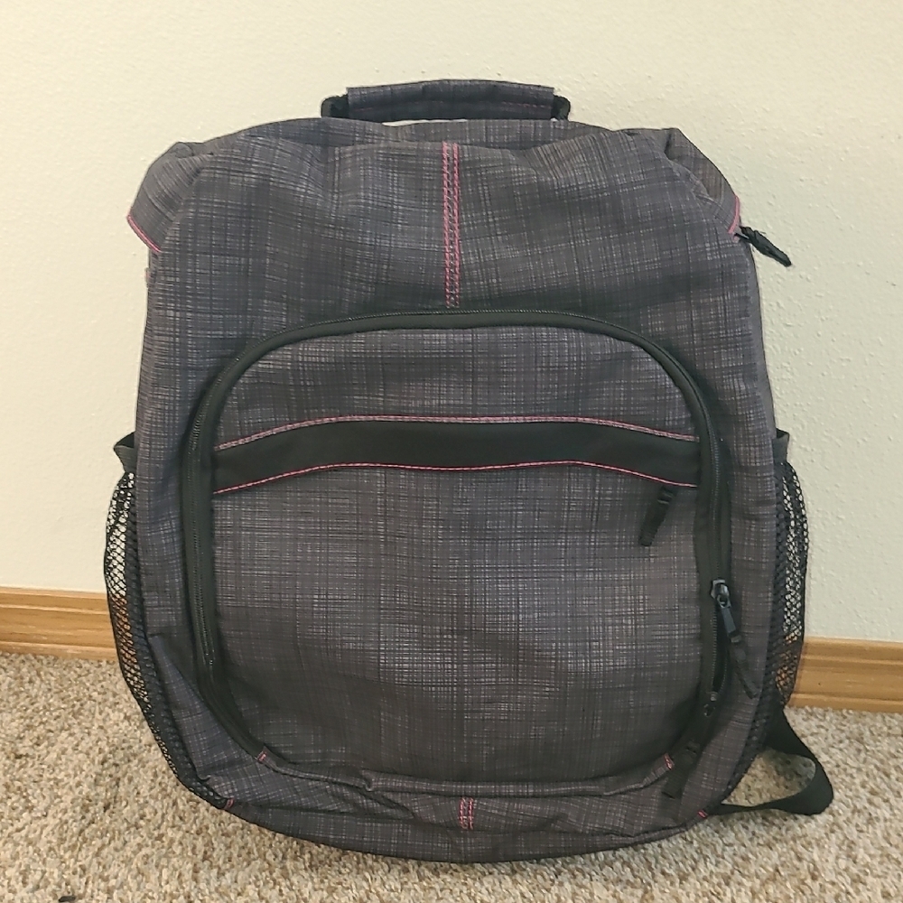 Thirty-One Gray Sling Organizing Backpack with Pink Accents For Camera Etc.
